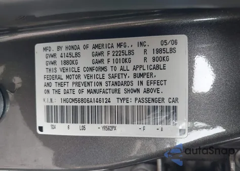 2006 Honda Accord 2.4 Ex z USA, uszkodzony, nr VIN 1HGCM56806A146124